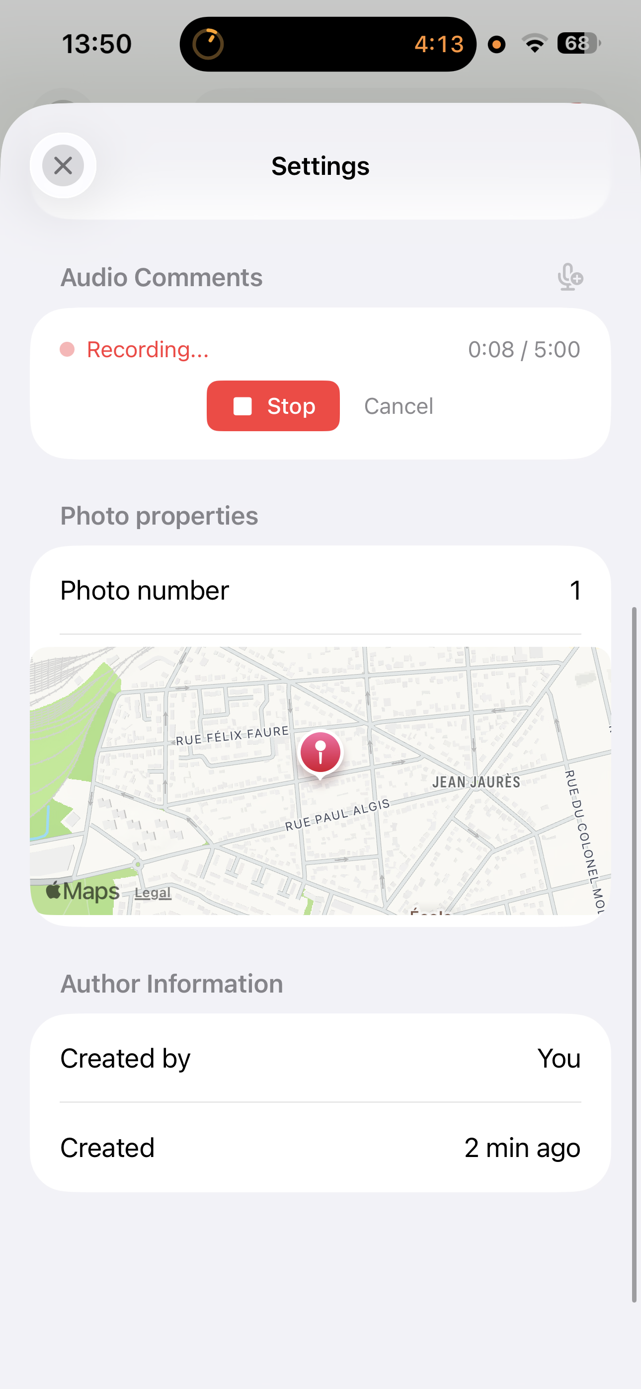 Interface d'enregistrement d'un commentaire audio dans PhotoReport 2026.4 sur iPhone, avec un enregistrement en cours à 0:08 sur un maximum de 5:00, contrôles Stop et Annuler à l'intérieur de la vue détail d'une annotation