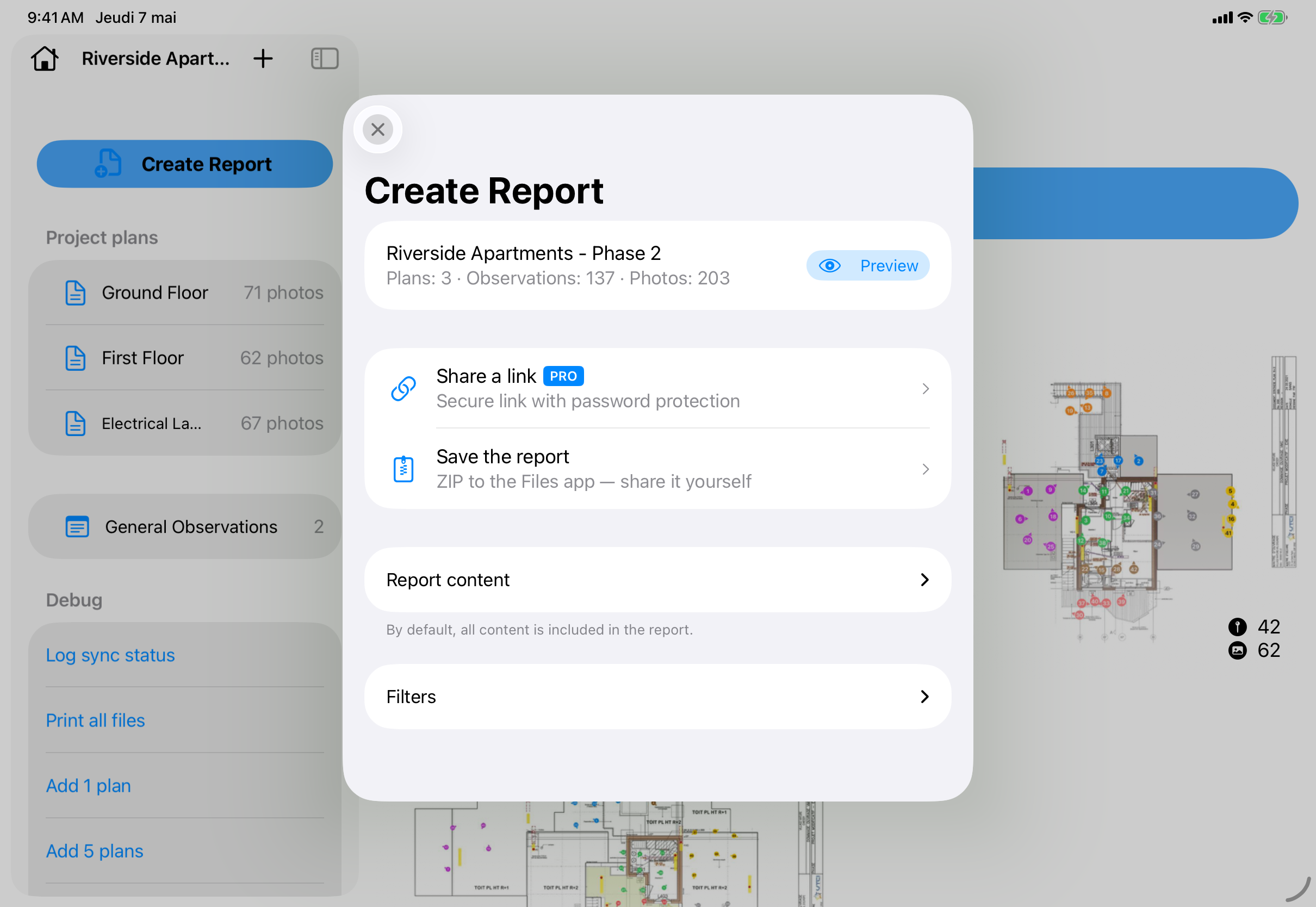 Écran de création de rapport dans PhotoReport sur iPad, avec les options Partager un lien, Enregistrer le rapport et Filtres sur le chantier Riverside Apartments.