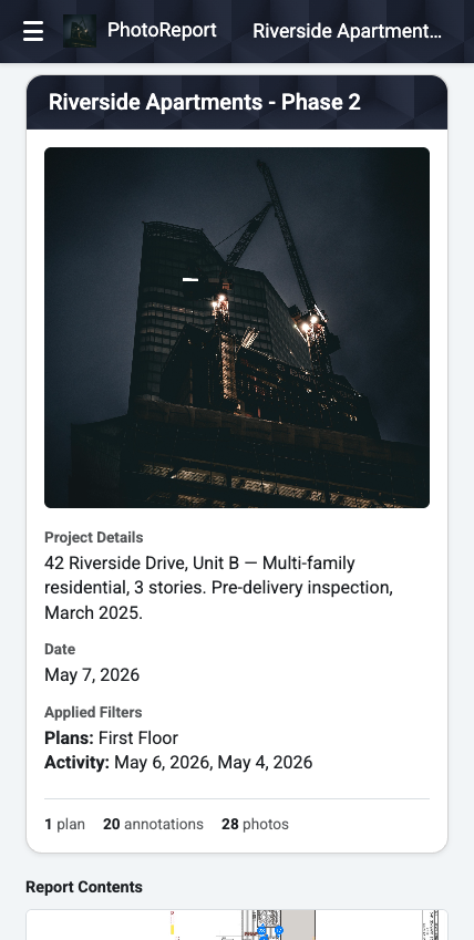Rapport HTML de chantier PhotoReport ouvert sur iPhone, avec un bloc Filtres appliqués listant le plan First Floor et les journées des 6 et 4 mai 2026, pour que le destinataire voit exactement quel extrait du projet il consulte