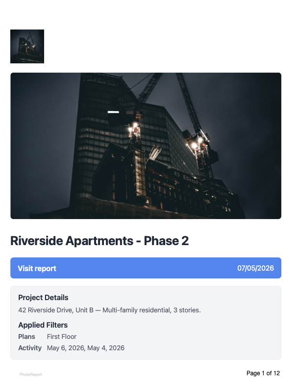Couverture d'un rapport PDF généré par PhotoReport pour le projet Riverside Apartments Phase 2, avec bandeau Visit report et bloc Filtres appliqués.