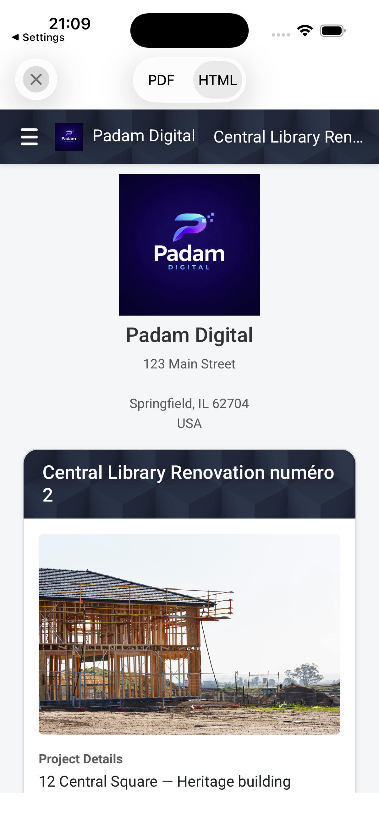 Topo de um relatório HTML no PhotoReport, com o logo, o nome e o endereço da empresa centralizados acima do projeto.