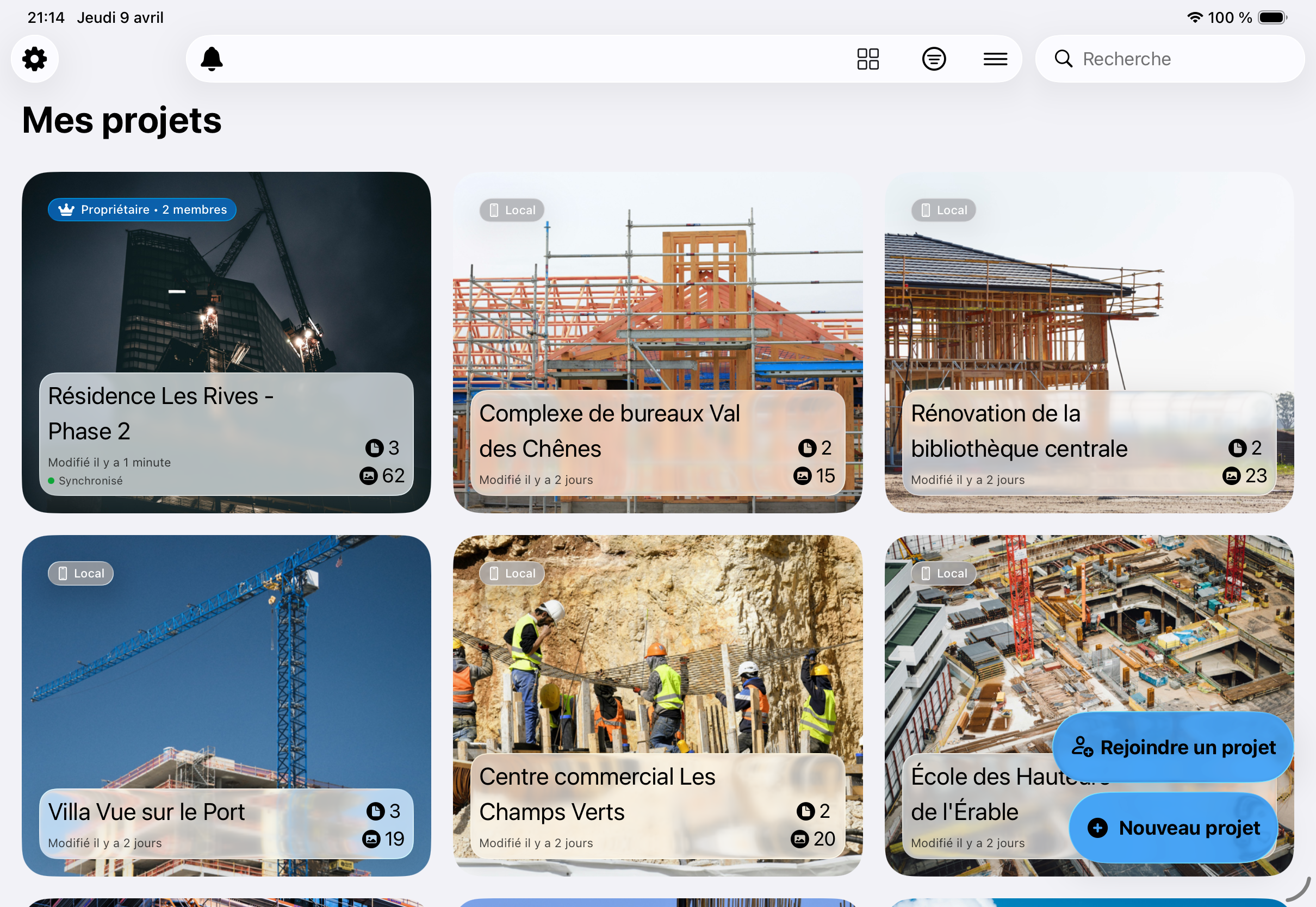 PhotoReport — Vue des projets sur iPad
